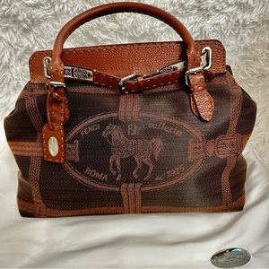 FENDI Coated Linen Calfskin Romano Selleria Villa Borghese Equestrian Satchel
